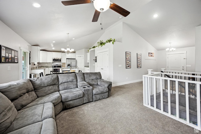 living area with a chandelier, carpet, baseboards, recessed lighting, and ceiling fan