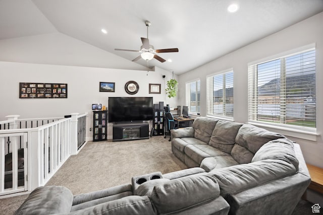carpeted living room featuring vaulted ceiling, a ceiling fan, and recessed lighting