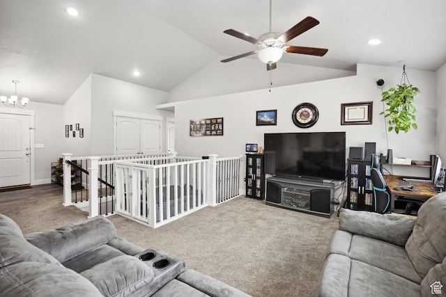 carpeted living room with ceiling fan, lofted ceiling, a chandelier, and recessed lighting