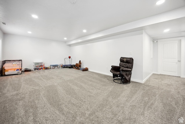 playroom with carpet, recessed lighting, and baseboards