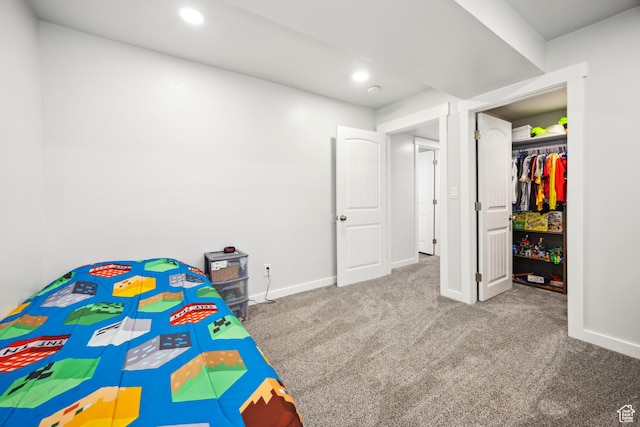 carpeted bedroom with baseboards and recessed lighting