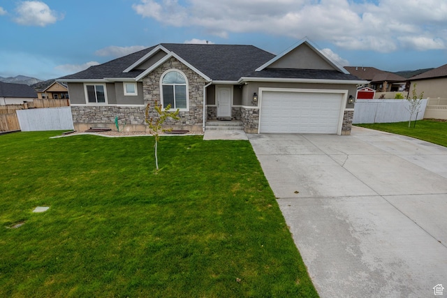 ranch-style house with stucco siding, stone siding, concrete driveway, and an attached garage