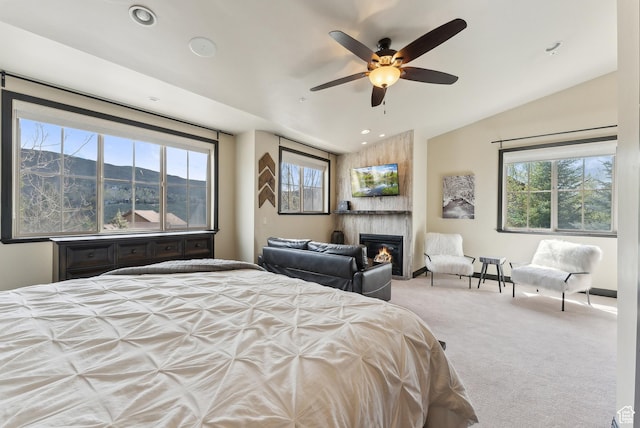 3029 Canyon Links Dr, Park City, UT 84098 - bedroom with carpet flooring, a fireplace, vaulted ceiling, recessed lighting, and a ceiling fan
