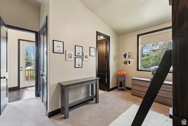3029 Canyon Links Dr, Park City, UT 84098 - corridor with light colored carpet, vaulted ceiling, and baseboards