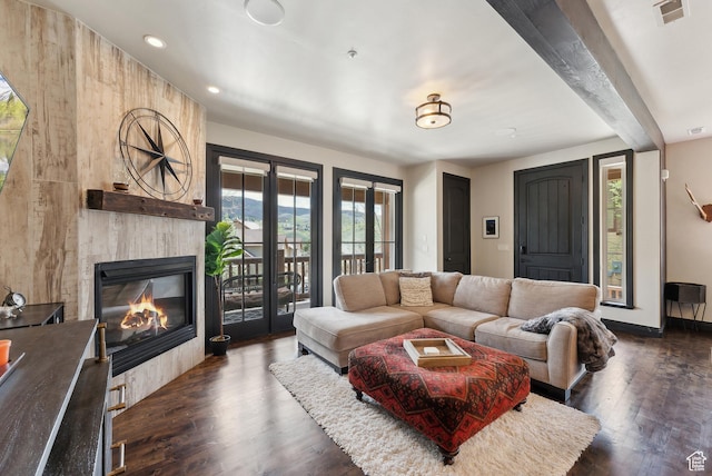 3029 Canyon Links Dr, Park City, UT 84098 - living area featuring a fireplace, dark wood-type flooring, recessed lighting, and french doors