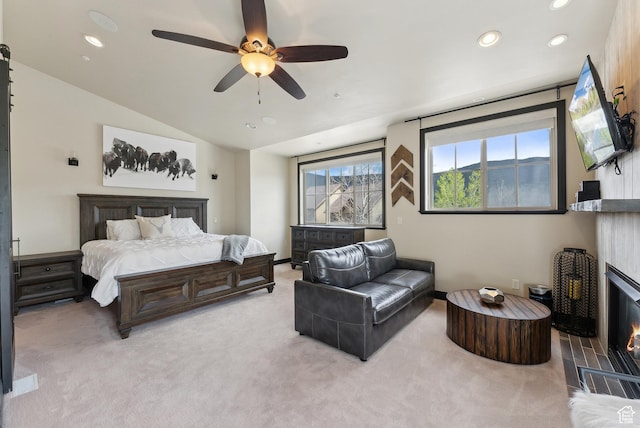3029 Canyon Links Dr, Park City, UT 84098 - carpeted bedroom with recessed lighting, lofted ceiling, a glass covered fireplace, and a ceiling fan