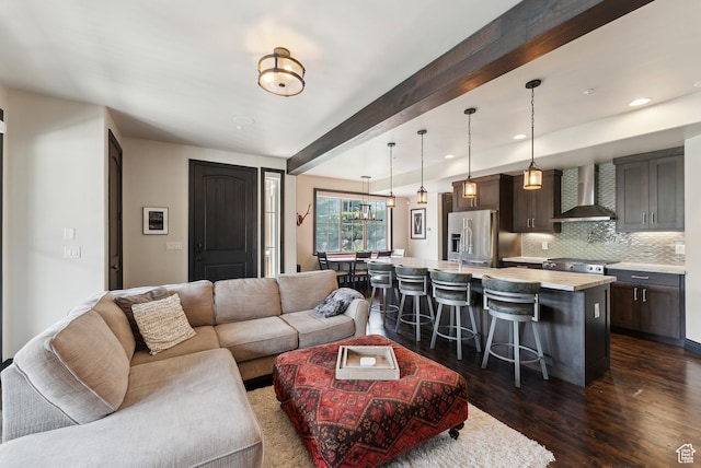 3029 Canyon Links Dr, Park City, UT 84098 - living area featuring dark wood-style flooring, beam ceiling, and recessed lighting