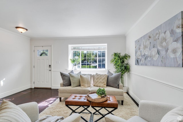 living area featuring ornamental molding, wood finished floors, and baseboards
