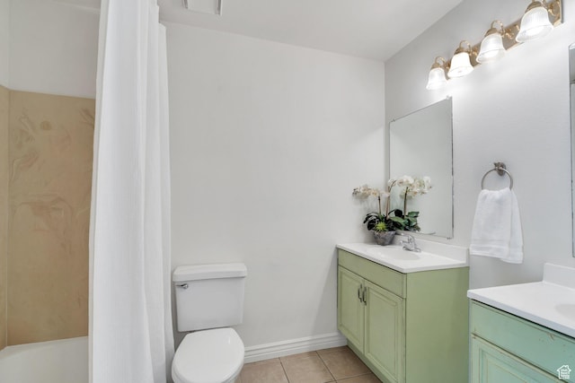 full bath featuring tile patterned flooring, vanity, toilet, baseboards, and shower / bathtub combination with curtain