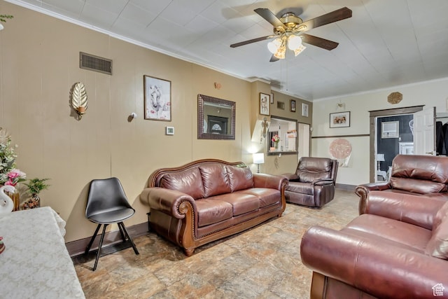 458 N Erie St W, Salt Lake City, UT 84116 - living area featuring ceiling fan, ornamental molding, stone finish floors, and baseboards