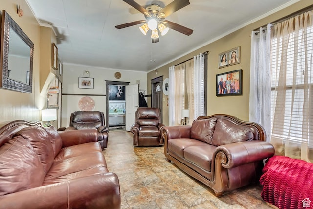 458 N Erie St W, Salt Lake City, UT 84116 - living room featuring healthy amount of natural light, a ceiling fan, and crown molding