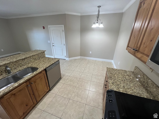kitchen with dishwasher, a sink, brown cabinetry, crown molding, and stone counters