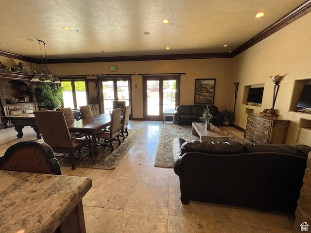 living room featuring ornamental molding, healthy amount of natural light, french doors, and recessed lighting