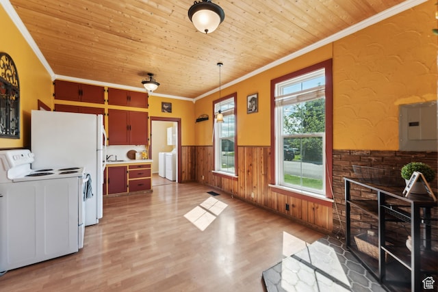 755 42nd St, South Ogden, UT 84403 - kitchen with ornamental molding, a wainscoted wall, wooden ceiling, electric range, and washer / clothes dryer
