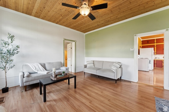 755 42nd St, South Ogden, UT 84403 - living room featuring ornamental molding, ceiling fan, wood finished floors, a wainscoted wall, and wood ceiling