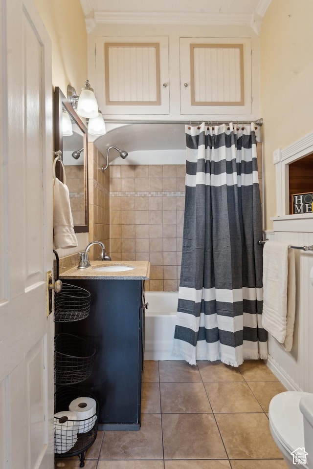 755 42nd St, South Ogden, UT 84403 - bathroom featuring tile patterned flooring, crown molding, shower / tub combo, and vanity