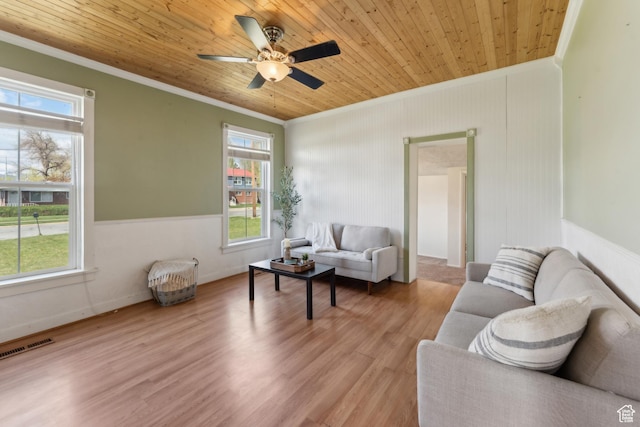 755 42nd St, South Ogden, UT 84403 - living room with crown molding, wood ceiling, light wood-style floors, and ceiling fan