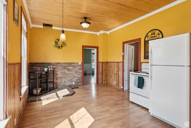 755 42nd St, South Ogden, UT 84403 - kitchen with white appliances, a wainscoted wall, wooden ceiling, ornamental molding, and light wood-style flooring