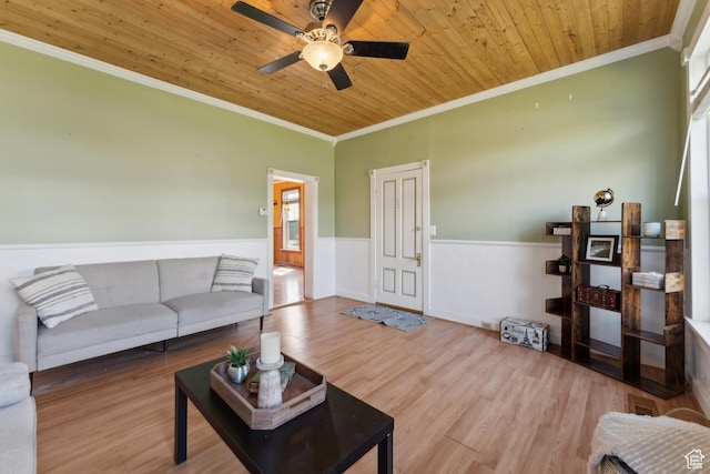 755 42nd St, South Ogden, UT 84403 - living room featuring ornamental molding, a wainscoted wall, a ceiling fan, wooden ceiling, and wood finished floors