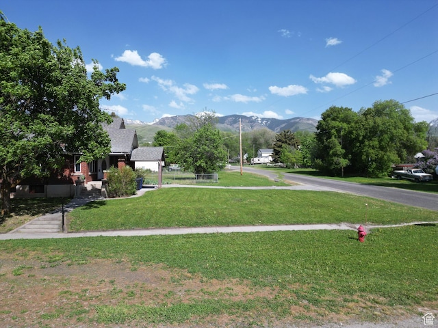 view of property's community featuring a mountain view and a yard