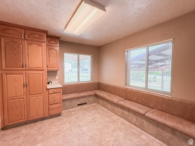 unfurnished office with a textured ceiling, healthy amount of natural light, and light tile patterned floors