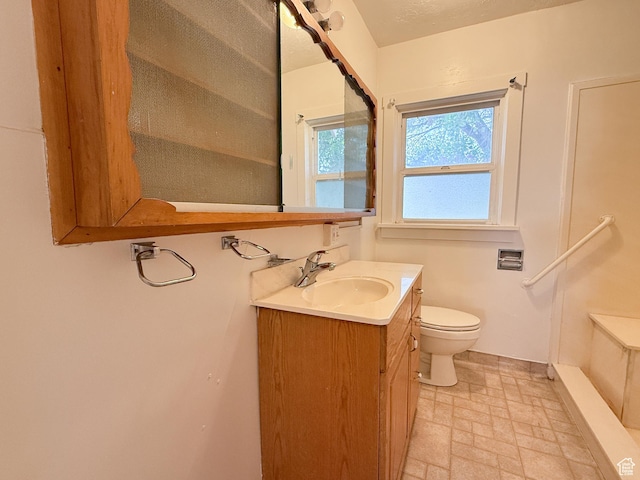 bathroom featuring toilet, vanity, and stone finish floors