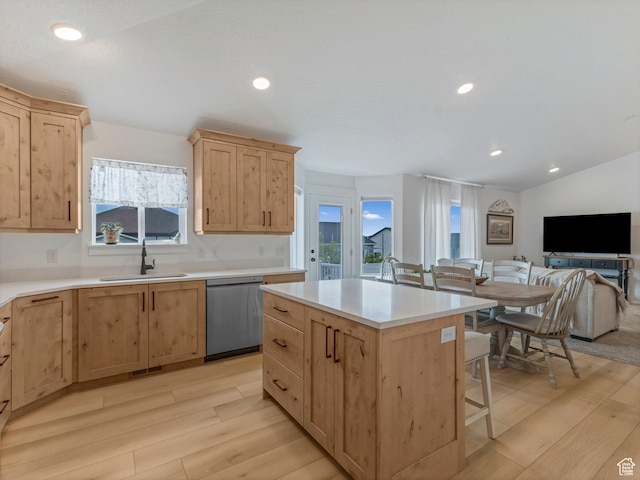 1245 N Clemente Way, Tooele, UT 84074 - kitchen with dishwasher, a sink, light brown cabinetry, light wood-style floors, and recessed lighting