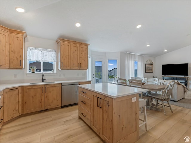 1245 N Clemente Way, Tooele, UT 84074 - kitchen featuring a sink, stainless steel dishwasher, light wood-type flooring, open floor plan, and recessed lighting