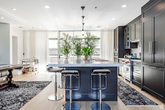 268 S State St E Unit 417, Salt Lake City, UT 84111 - kitchen featuring a sink, stainless steel appliances, light wood-type flooring, light stone counters, and a kitchen breakfast bar