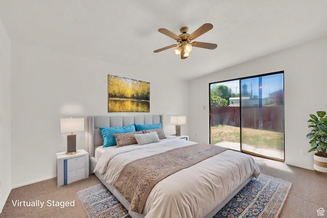 bedroom with access to outside, light carpet, lofted ceiling, and a ceiling fan