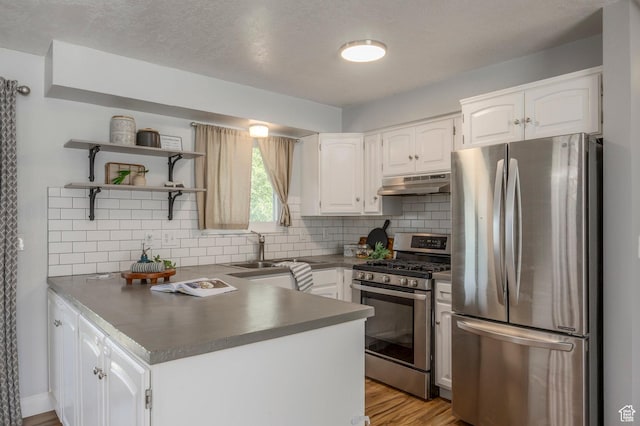 9614 S 1210 E, Sandy, UT 84094 - kitchen with stainless steel appliances, under cabinet range hood, a peninsula, white cabinets, and backsplash
