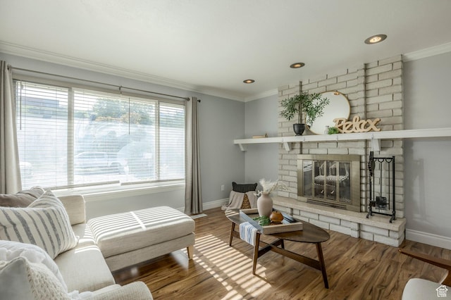 9614 S 1210 E, Sandy, UT 84094 - living area featuring crown molding, baseboards, a brick fireplace, wood finished floors, and recessed lighting