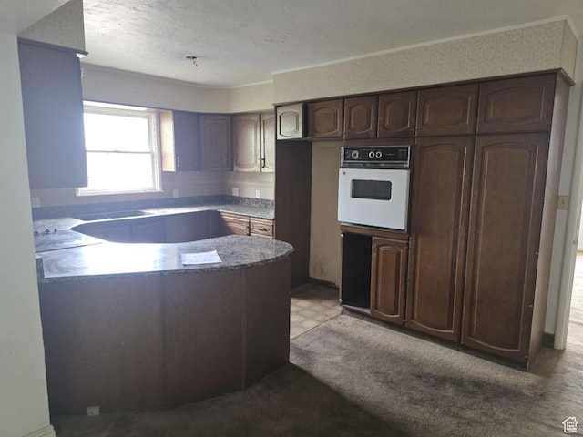 443 N 450 E, Orem, UT 84097 - kitchen with white oven, a peninsula, dark brown cabinetry, and light colored carpet