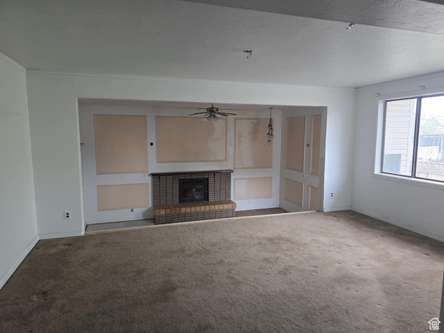 443 N 450 E, Orem, UT 84097 - unfurnished living room with carpet, a brick fireplace, a ceiling fan, and baseboards