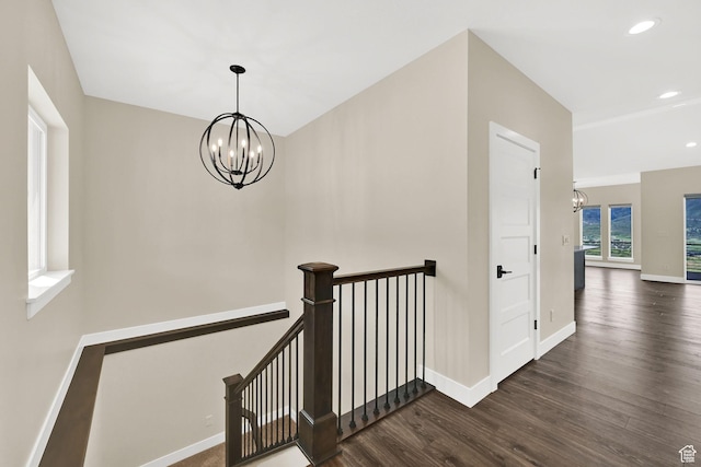 4491 N Seven Bridges Rd, Eden, UT 84310 - hall featuring a chandelier, an upstairs landing, dark wood-style floors, baseboards, and recessed lighting