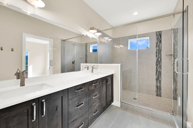 4491 N Seven Bridges Rd, Eden, UT 84310 - full bathroom with a stall shower, tile patterned flooring, double vanity, and recessed lighting