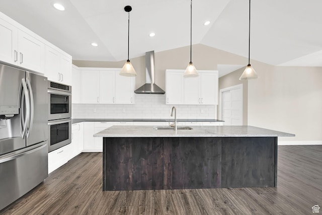 4491 N Seven Bridges Rd, Eden, UT 84310 - kitchen with appliances with stainless steel finishes, wall chimney range hood, a sink, dark wood-style floors, and decorative backsplash