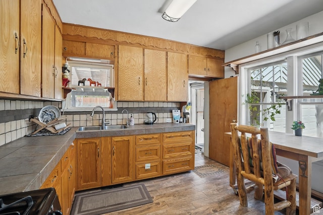 kitchen featuring a sink, light wood-type flooring, tasteful backsplash, and plenty of natural light