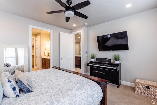 273 N Puerta Dr W, Washington, UT 84780 - bedroom featuring light colored carpet, ensuite bath, recessed lighting, baseboards, and a ceiling fan