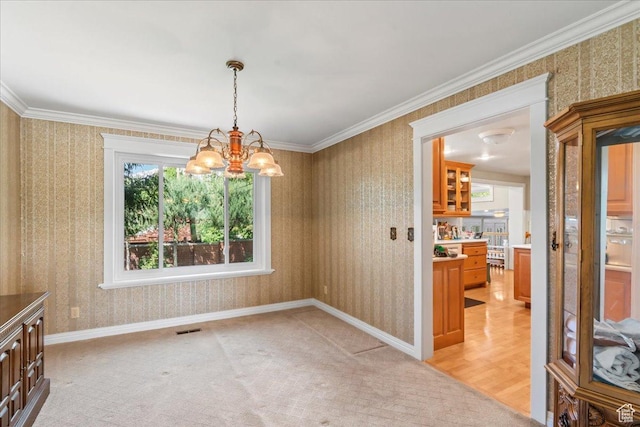 561 E 2780 N, Provo, UT 84604 - unfurnished dining area featuring wallpapered walls, a chandelier, light carpet, and ornamental molding