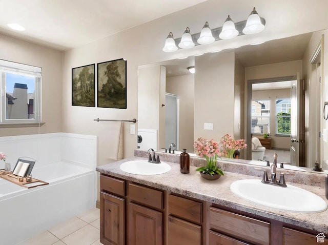 5117 W Fortrose Dr, Herriman, UT 84096 - full bath with plenty of natural light, a bath, tile patterned flooring, and double vanity