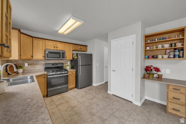 kitchen with appliances with stainless steel finishes, a sink, tasteful backsplash, light countertops, and open shelves