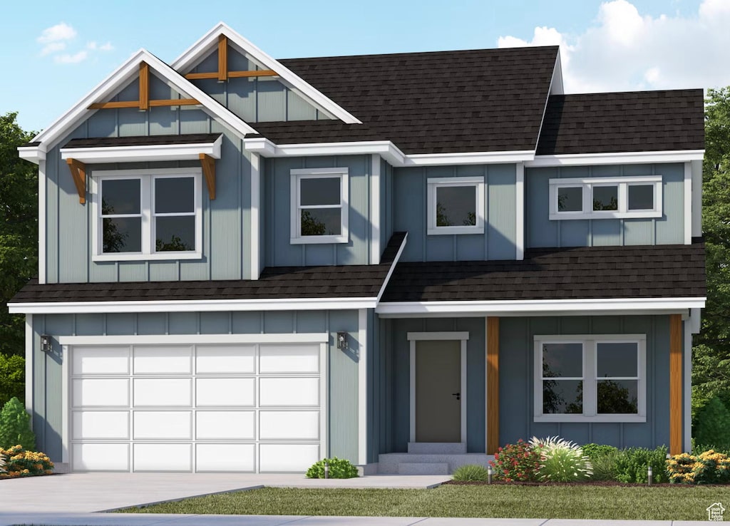 view of front of property with a shingled roof, an attached garage, driveway, and board and batten siding