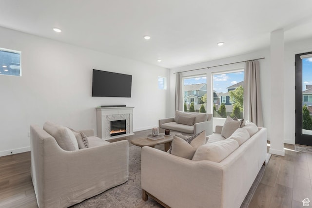 living area featuring wood finished floors, a fireplace, recessed lighting, and baseboards