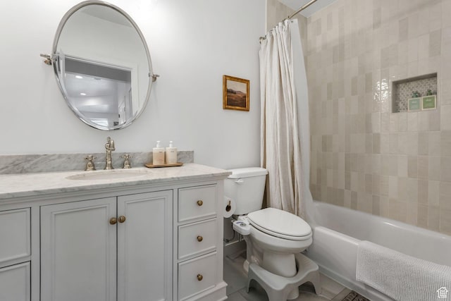 full bathroom with toilet, vanity, and shower / bath combination with curtain