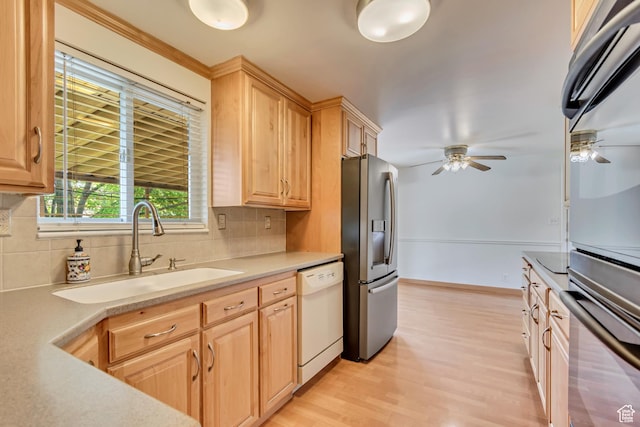 1597 W 1050 N, Provo, UT 84604 - kitchen with white dishwasher, stainless steel refrigerator with ice dispenser, a sink, a ceiling fan, and light brown cabinets