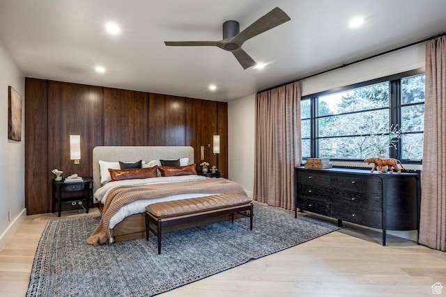 4279 S Lares Cir, Salt Lake City, UT 84124 - bedroom featuring light wood-style flooring, recessed lighting, wooden walls, a ceiling fan, and baseboards