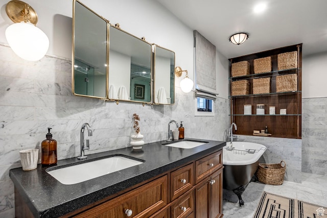4279 S Lares Cir, Salt Lake City, UT 84124 - full bath featuring tile walls, a freestanding bath, and double vanity