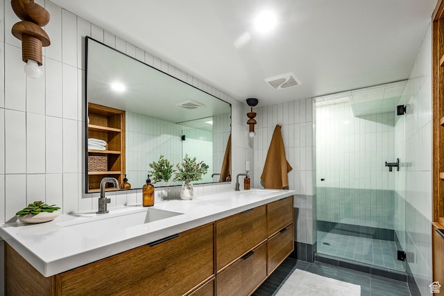 4279 S Lares Cir, Salt Lake City, UT 84124 - full bathroom with double vanity, a shower stall, tile walls, and tile patterned flooring