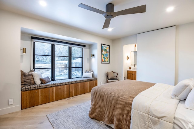 4279 S Lares Cir, Salt Lake City, UT 84124 - bedroom featuring light wood finished floors, recessed lighting, baseboards, ensuite bath, and a ceiling fan